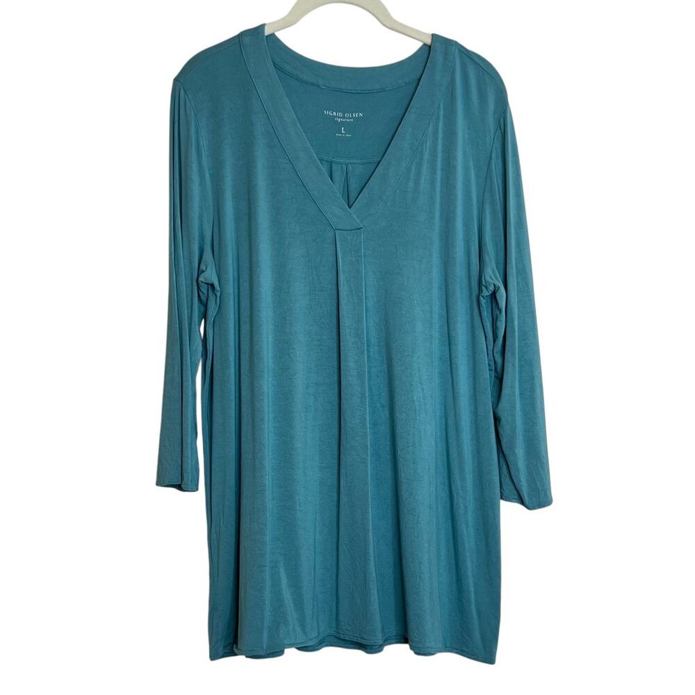Sigrid Olsen Signature Womens Tunic Top L Teal Blue Bamboo Blend Relaxed Fit